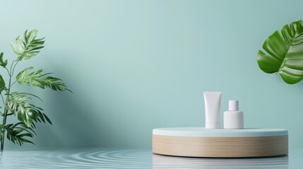 Podium with water ripple effect, serene skincare display, 3D illustration