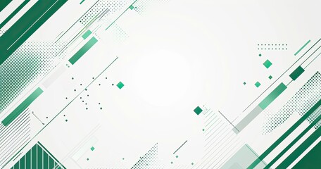 A modern abstract design featuring geometric shapes and lines in varying shades of green against a light background.
