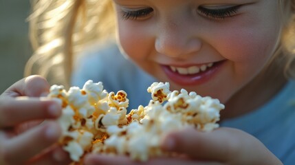 Naklejka premium Child Enjoying a Handful of Popcorn