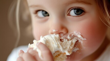 Child Enjoying Cake with Icing on Face
