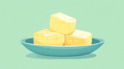 Three cubes of butter on a blue plate.