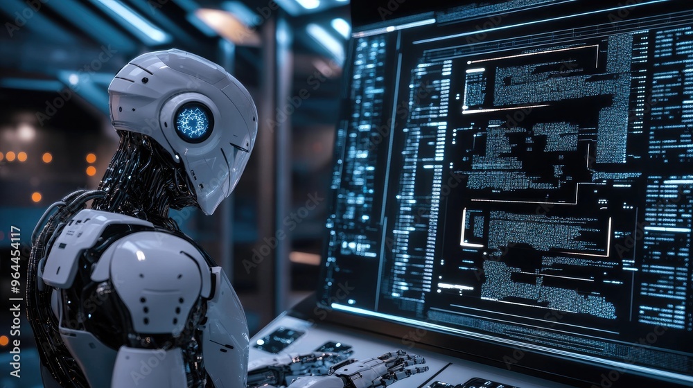 Poster high-tech scene with an ai robot analyzing data, symbolizing innovation and the future of artificial