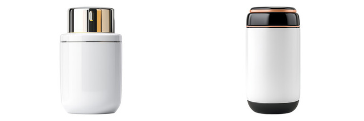 Stylish white cosmetic containers with golden lids for skincare products