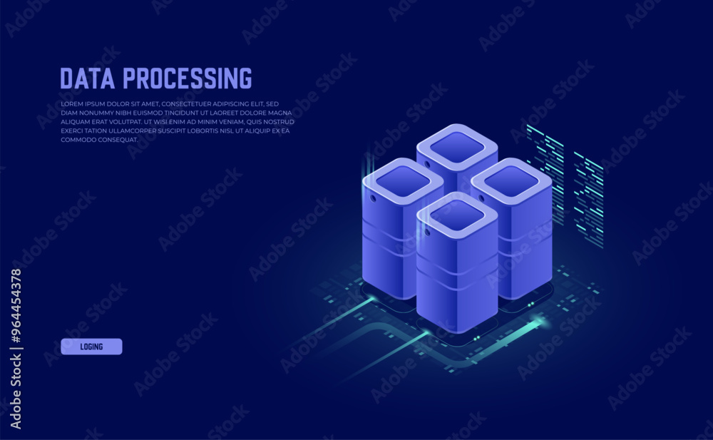 Wall mural datacenter and big data processing: isometric server room and digital information technology concept