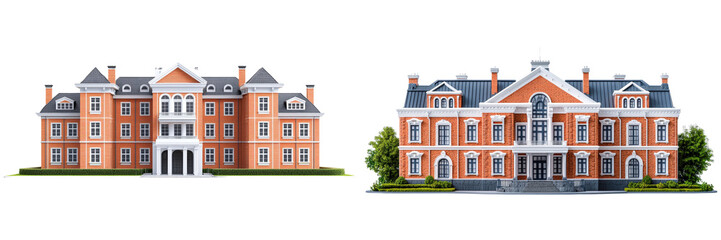Elegant architectural design of two classic brick buildings. Concept of historical architecture and cultural heritage.
