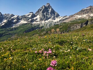 Fototapeta premium Cervino seen from Breuil Cervinia. View of the Matterhorn from Italy. Hiking in the beautiful Aosta Valley. High quality photo.