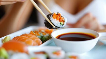 Delicious Sushi with Soy Sauce and Chopsticks
