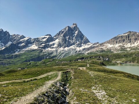 Cervino seen from Breuil Cervinia. View of the Matterhorn from Italy. Hiking in the beautiful Aosta Valley. High quality photo.
