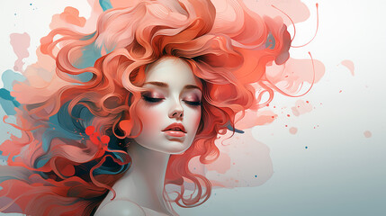 A abstract woman with long red watercolor hair is the main focus of the image