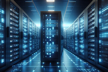 A high-tech server room with rows of servers