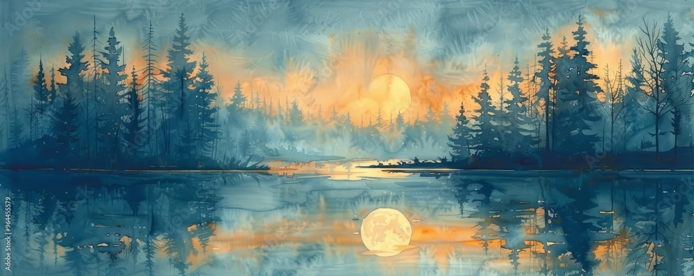 Wall mural watercolor abstract evening reflections in forest with moonlight on white.