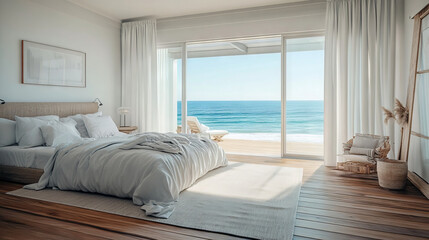 A bright and airy bedroom with hardwood floors and a beautiful ocean view. The room is decorated with clean, crisp linens, soft throw pillows, and a modern style.