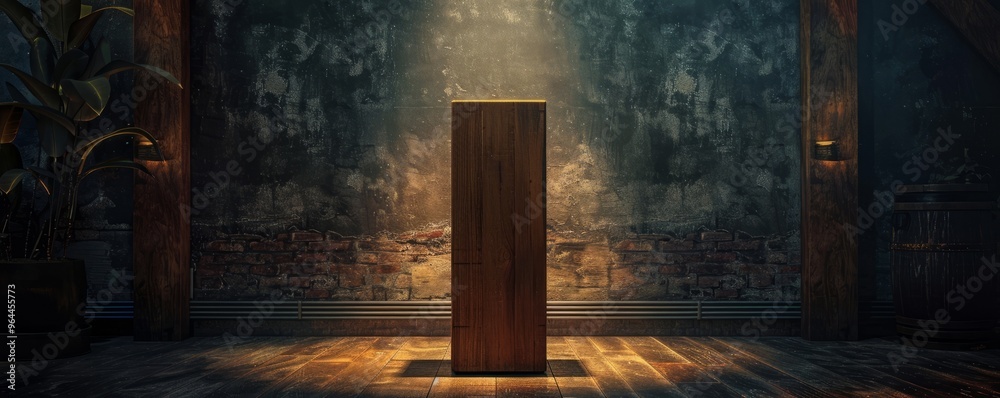 Wall mural Wooden pedestal with a rich, dark finish, illuminated by warm, soft lighting.