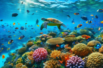 coral reef with fish , turtle background