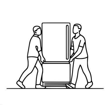 recommend clip art: Two people carrying a refrigerator with a freezer underneath, showing teamwork and coordination in a minimalistic line vector drawing style