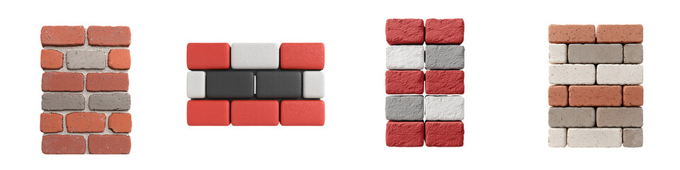 A collection of four different brick wall patterns showcasing texture and color variations for construction and design. isolated on a transparent background