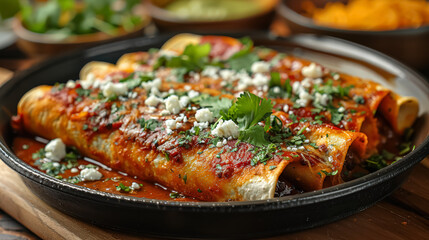 A plate of enchiladas with cheese and cilantro. The dish is served on a wooden table