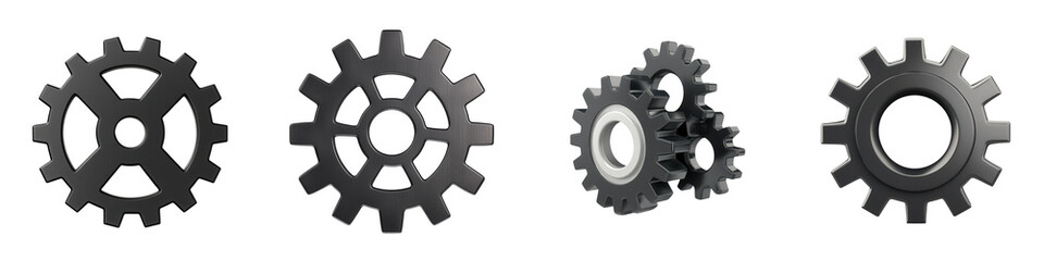 Fototapeta premium Set of four distinct gears featuring black and white designs, perfect for mechanical, industrial, and engineering contexts. isolated on a transparent background