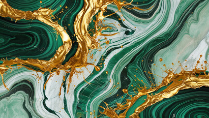 Abstract green marble texture with gold splashes, emerald luxury background