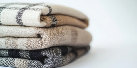 Neatly Folded Stack of Neutral Plaid Blankets in Various Patterns