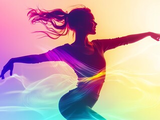 Energetic dancer in mid-movement close up, focus on, copy space vibrant bright colors, Double exposure silhouette with music waves