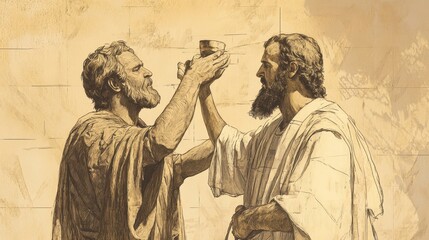 Fototapeta premium Exodus:The Priestly Garments Completed, Biblical Illustration of Moses Anointing Aaron with Oil, Consecrating Him in Completed Garments Before Israelites - Bible Wall Art on Beige Background