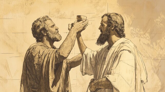 Exodus:The Priestly Garments Completed, Biblical Illustration of Moses Anointing Aaron with Oil, Consecrating Him in Completed Garments Before Israelites - Bible Wall Art on Beige Background