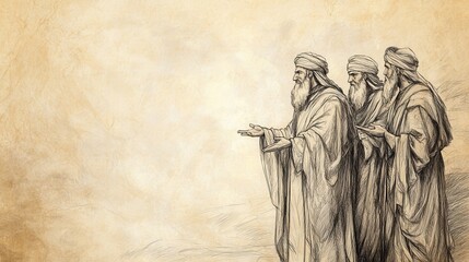 Naklejka premium Biblical Illustration of Moses blessing Bezalel and Oholiab, capturing their dedication and divine guidance in this Bible wall art with a beige background. Perfect for faith-inspired spaces.