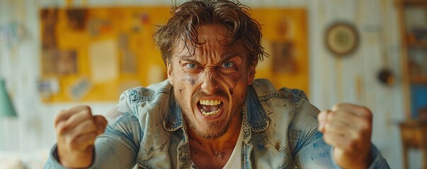 A man screaming in anger, fists clenched and face flushed with emotion, against a plain white background. 4K hyperrealistic photo.