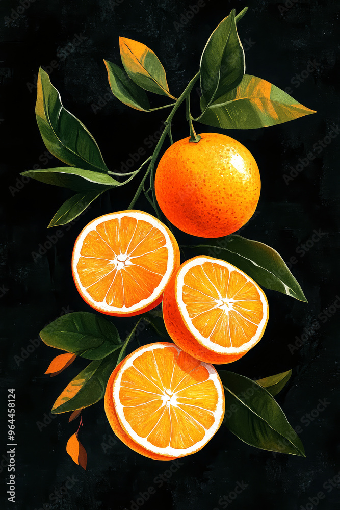 Wall mural Orange tree branch with oranges sliced and whole fruit on dark background.