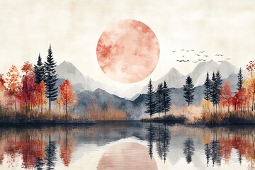 Serene Mountain Lake With Red Moon.