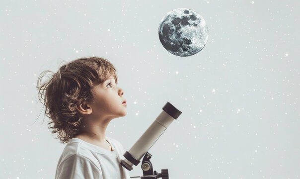 A child with a fascinated expression, observing a telescope aimed at the night sky with twinkling stars and a crescent moon against a plain white background. 4K hyperrealistic photo.