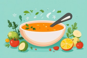 A bowl of vegetable soup with a spoon, surrounded by fresh vegetables and herbs.