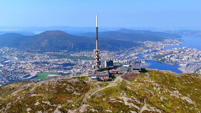 Aerial drone shot of Bergen from Ulriken mountain, Norway