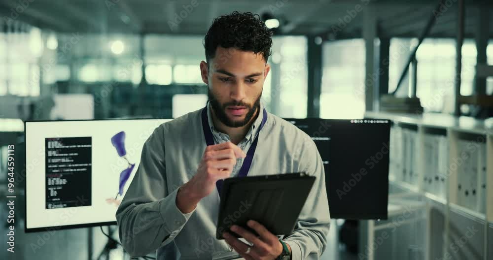 Aufkleber Computer, tablet and man with artificial limb for coding innovation, ai research and data in laboratory. Future technology, medical engineering and 3d programmer on digital app for prosthetic design