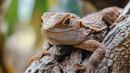 A close-up photo shows a beautiful brown lizard sitting on a tree branch. The photo is taken very close up, showing the lizard's details.