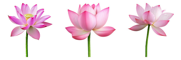 Three beautiful pink lotus flowers on stems isolated on white background