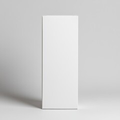 A blank, white rectangular carton mockup, standing upright on a seamless white surface