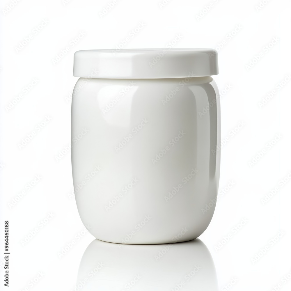 Wall mural a blank, white yogurt container with a smooth lid, isolated on a white background with soft reflecti