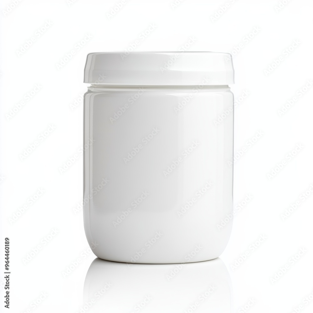 Wall mural a blank, white yogurt container with a smooth lid, isolated on a white background with soft reflecti