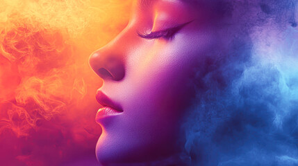 Fototapeta premium A woman's face is shown in a colorful, smokey background