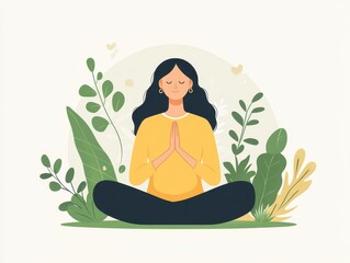 A woman meditates in a peaceful green garden.  She sits cross-legged with her eyes closed, surrounded by lush foliage.