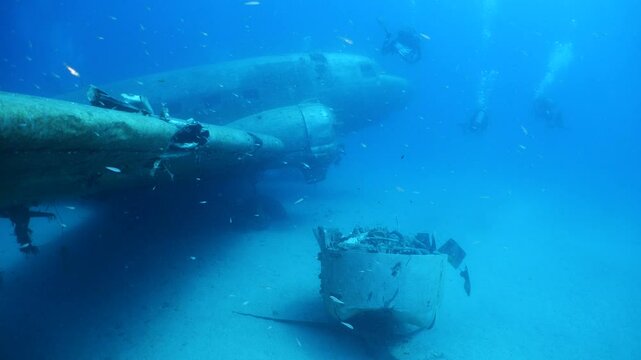 c47 dakota air plane wreck underwater  fish around ocean scenery of airplane and metal on ocean floor  scenery scuba divers to explore