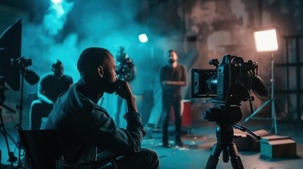 Fototapeta premium Assured film director seated with camera team in studio. Concept Film Directing, Camera Team, Studio Setting, Assured Director, Cinematic Vibe 