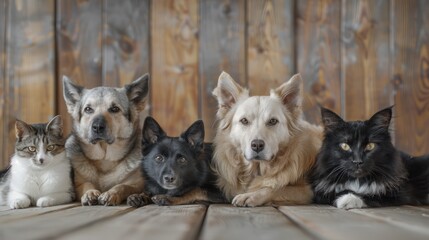Group of cute dogs and a cat for veterinary or pet shop. Concept Pet Photography, Group of Animals, Veterinary Services, Pet Shop, Animal Lovers 