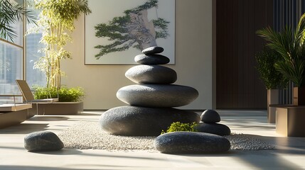 Zen Garden Interior with Stacked Stones and Greenery