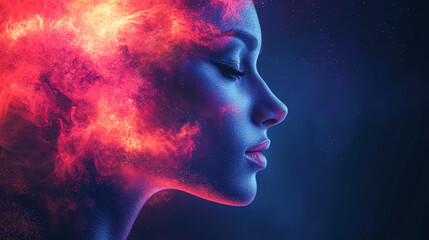 A woman's face is shown in a blue and red background