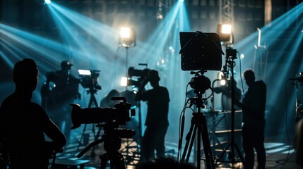 Silhouettes of film crew members working in a studio setting with cameras and lighting equipment. Concept Studio Set, Film Crew, Silhouettes, Camera Equipment, Lighting Gear 