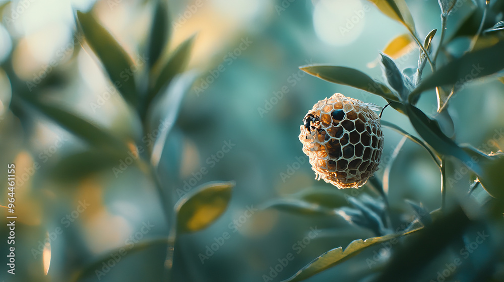 Canvas Prints A close-up picture of a wasp nest being built on a plant. The background is blurry.