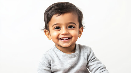 Portrait of Happy Indian toddler boy, sitting with contentment ,isolated on a pure white background